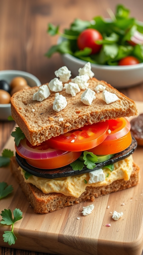 A healthy Mediterranean veggie sandwich with whole grain bread, hummus, spinach, tomatoes, cucumbers, and feta cheese, on a wooden cutting board.